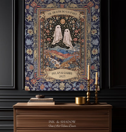 Memento Mori Ghost Tapestry Personalized | Custom Names Floral Gothic Vow Anniversary Newly Wed Gift For Haunted Home Decor Mr and Mrs Throw