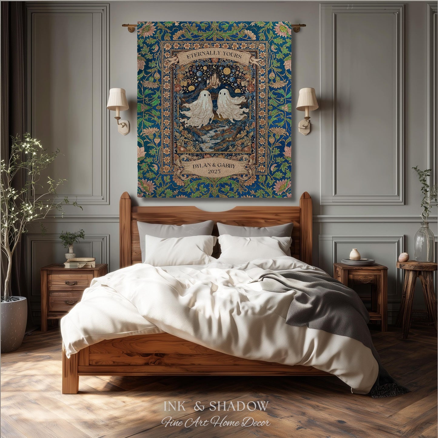Eternally Yours Ghost Couple Woven Tapestry | Custom Names And Year Celestial Castle Gothic Floral Wedding Anniversary Gift Romantic Haunted