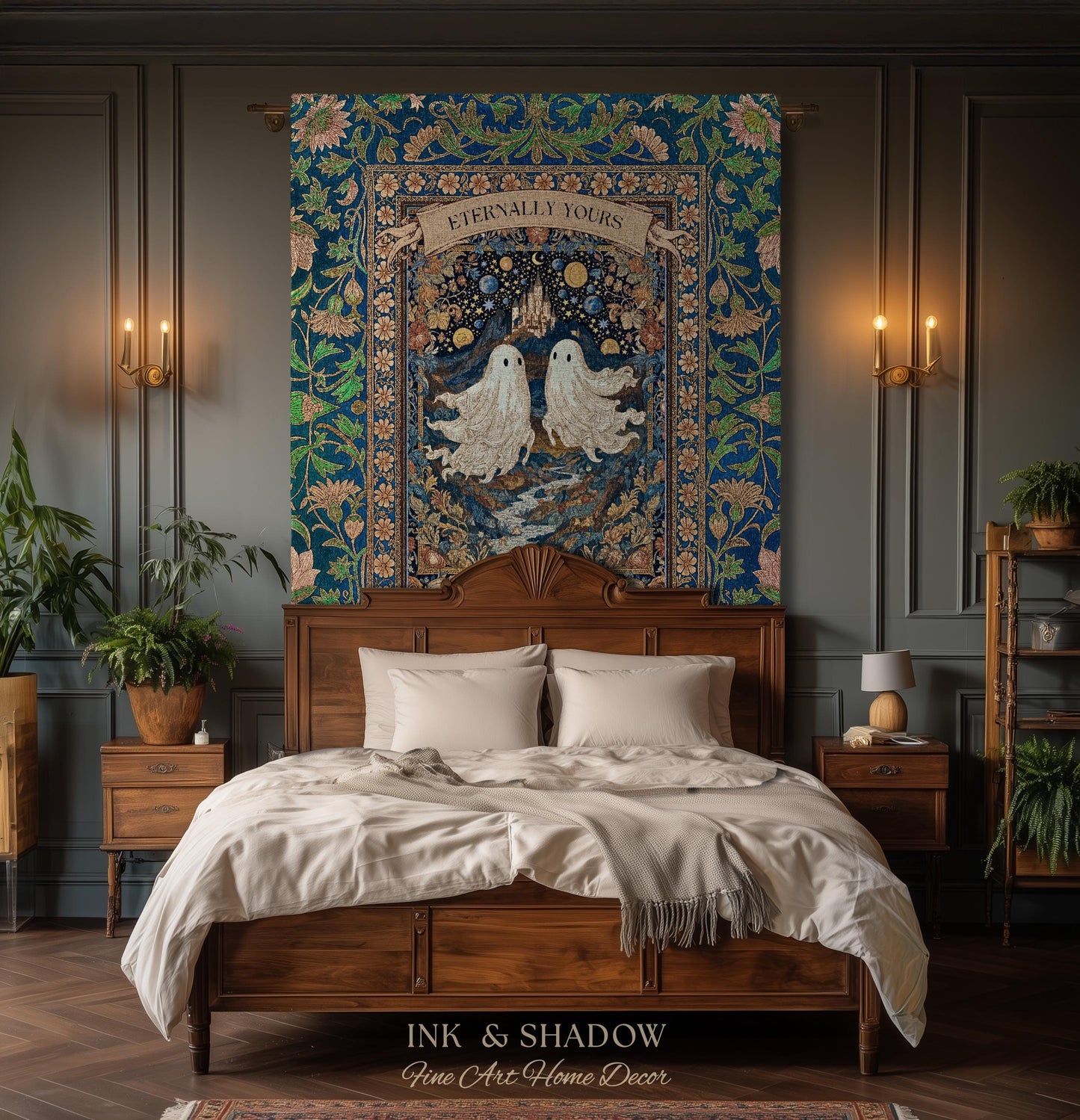 Eternally Yours Ghost Couple Woven Tapestry | Custom Names And Year Celestial Castle Gothic Floral Wedding Anniversary Gift Romantic Haunted
