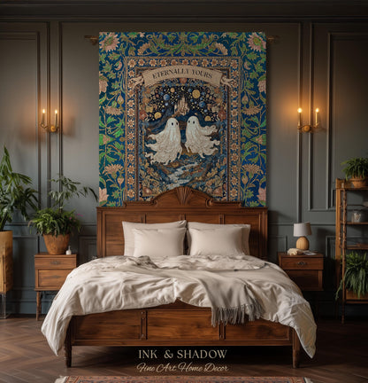 Eternally Yours Ghost Couple Woven Tapestry | Custom Names And Year Celestial Castle Gothic Floral Wedding Anniversary Gift Romantic Haunted