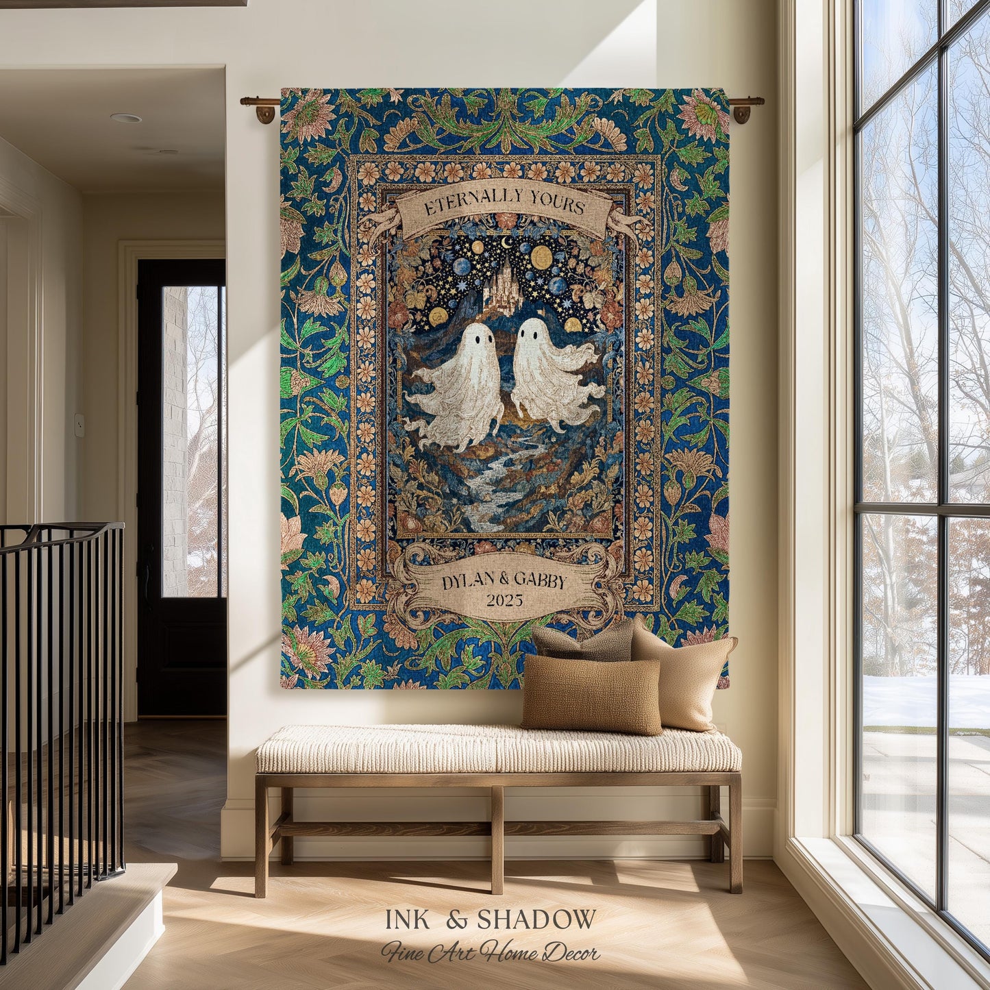 Eternally Yours Ghost Couple Woven Tapestry | Custom Names And Year Celestial Castle Gothic Floral Wedding Anniversary Gift Romantic Haunted