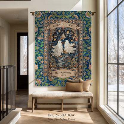 Eternally Yours Ghost Couple Woven Tapestry | Custom Names And Year Celestial Castle Gothic Floral Wedding Anniversary Gift Romantic Haunted