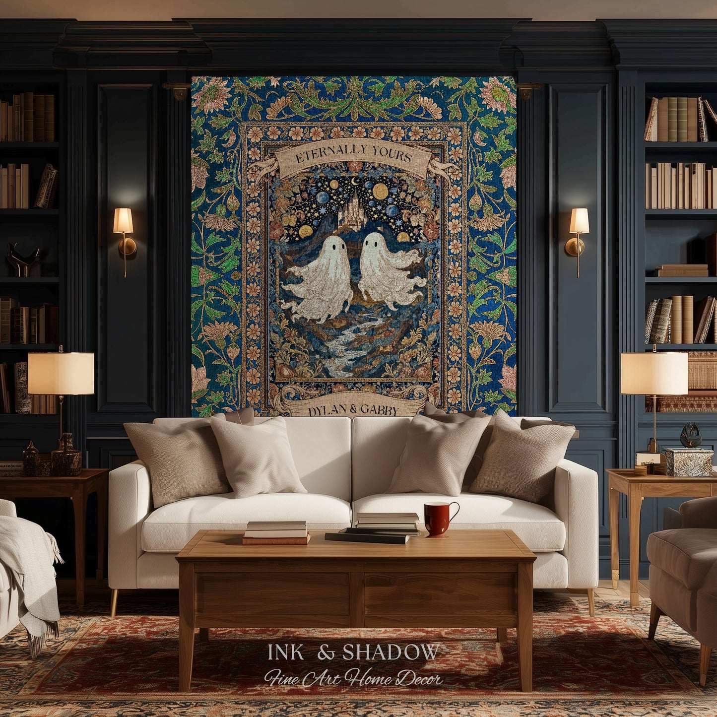 Eternally Yours Ghost Couple Woven Tapestry | Custom Names And Year Celestial Castle Gothic Floral Wedding Anniversary Gift Romantic Haunted