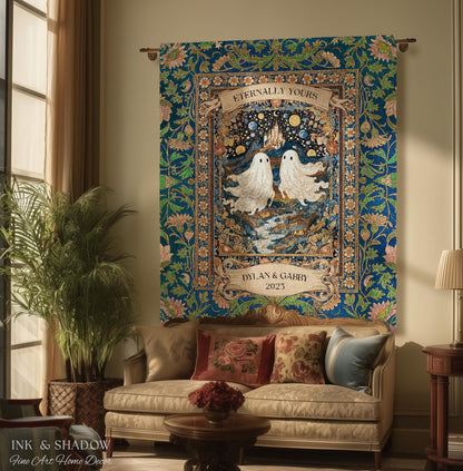 Eternally Yours Ghost Couple Woven Tapestry | Custom Names And Year Celestial Castle Gothic Floral Wedding Anniversary Gift Romantic Haunted