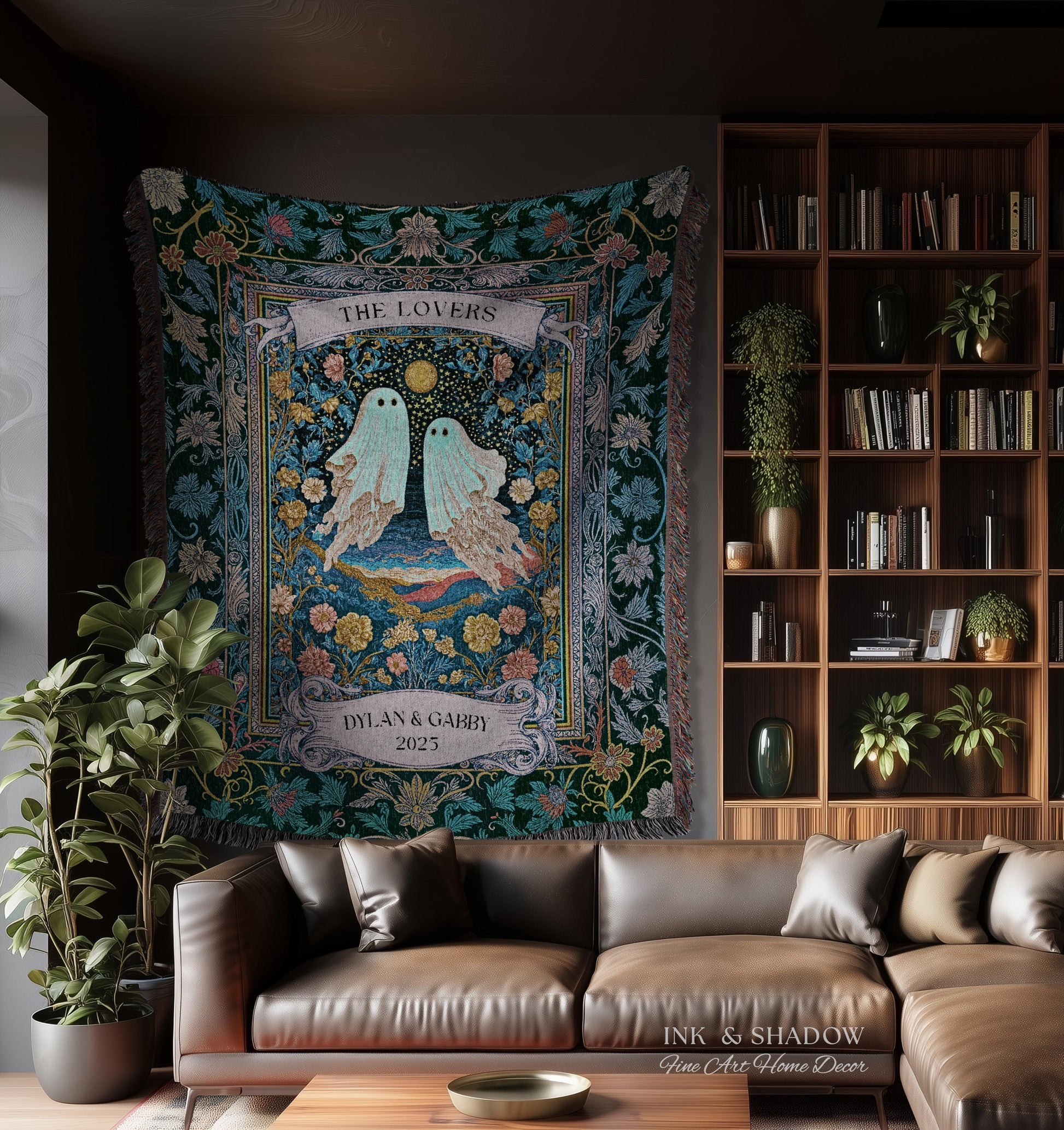 Woven Ghost Lovers Couple Wall Tapestry | Moonlit Wildflower Gothic Wedding Anniversary Gift Tarot Inspired Personalized Names And Year