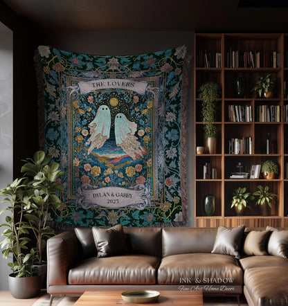 Woven Ghost Lovers Couple Wall Tapestry | Moonlit Wildflower Gothic Wedding Anniversary Gift Tarot Inspired Personalized Names And Year