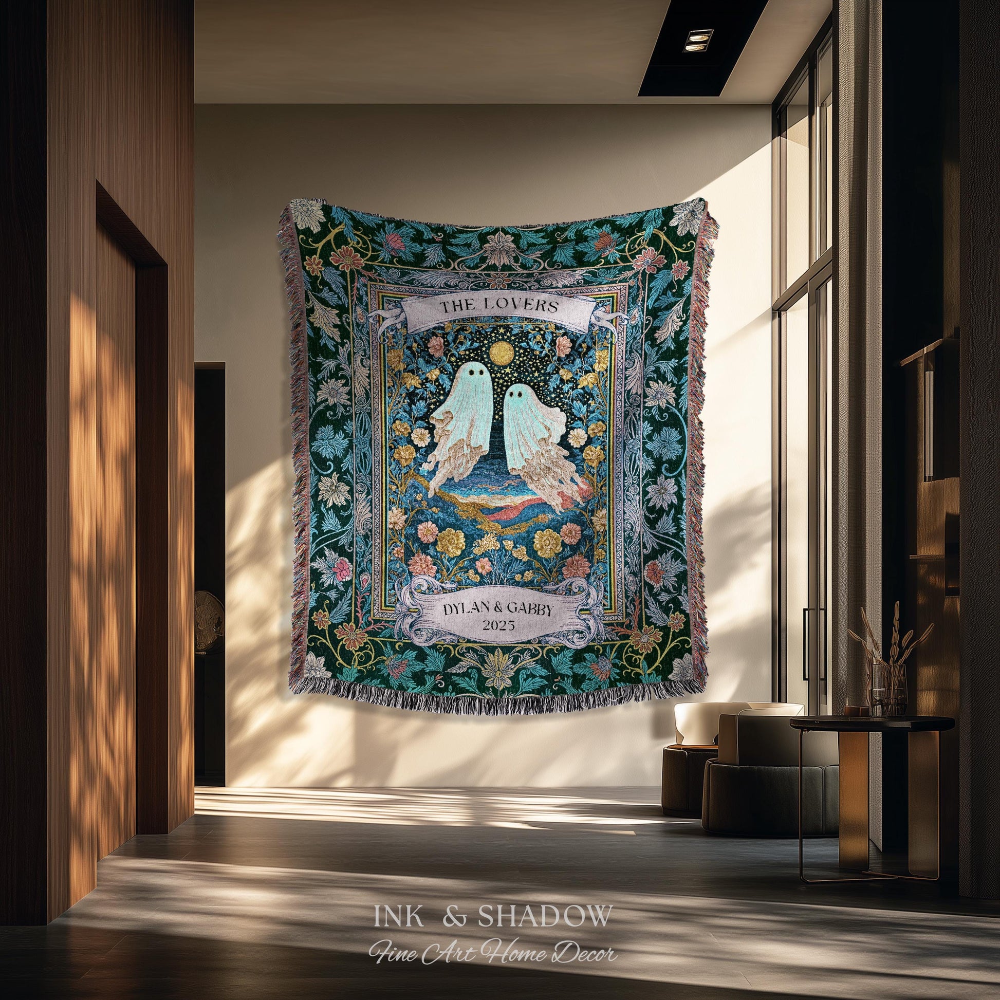 Woven Ghost Lovers Couple Wall Tapestry | Moonlit Wildflower Gothic Wedding Anniversary Gift Tarot Inspired Personalized Names And Year