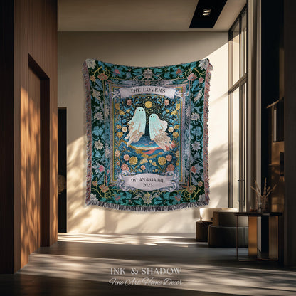 Woven Ghost Lovers Couple Wall Tapestry | Moonlit Wildflower Gothic Wedding Anniversary Gift Tarot Inspired Personalized Names And Year