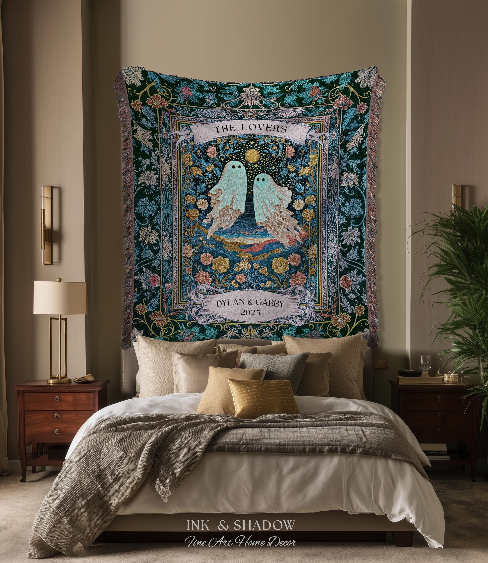 Woven Ghost Lovers Couple Wall Tapestry | Moonlit Wildflower Gothic Wedding Anniversary Gift Tarot Inspired Personalized Names And Year