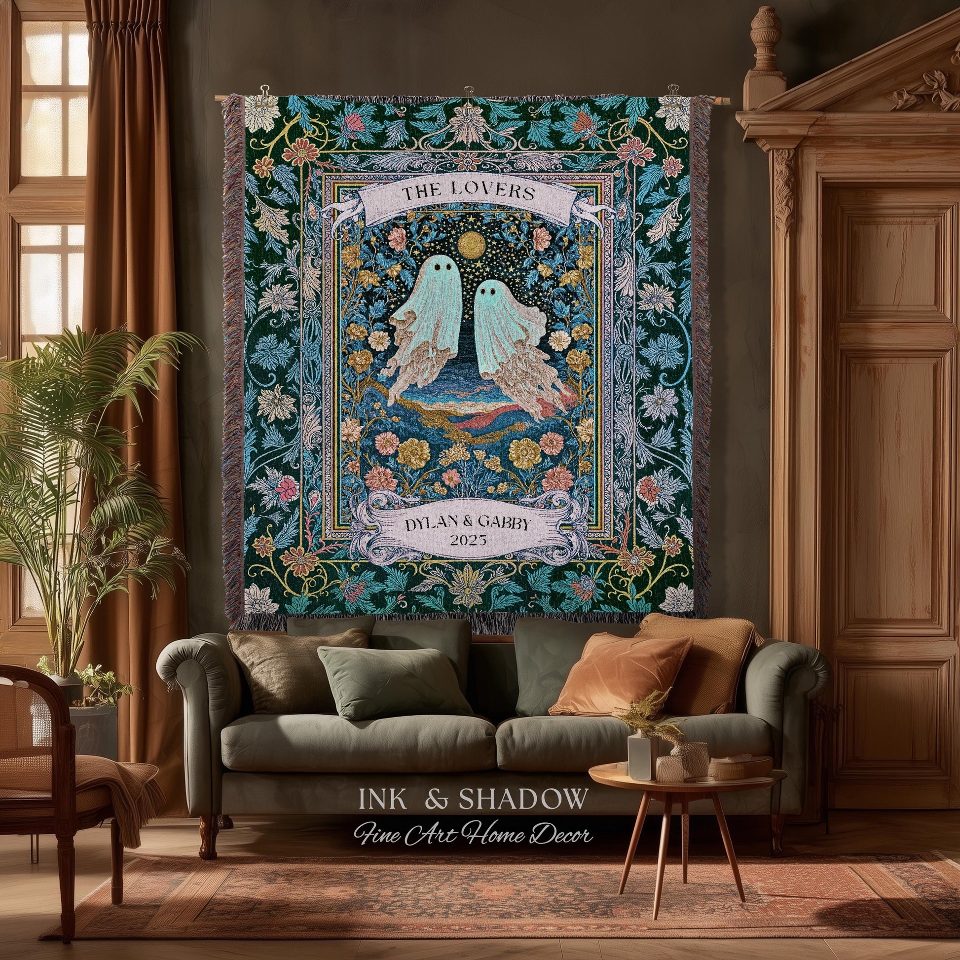 Woven Ghost Lovers Couple Wall Tapestry | Moonlit Wildflower Gothic Wedding Anniversary Gift Tarot Inspired Personalized Names And Year