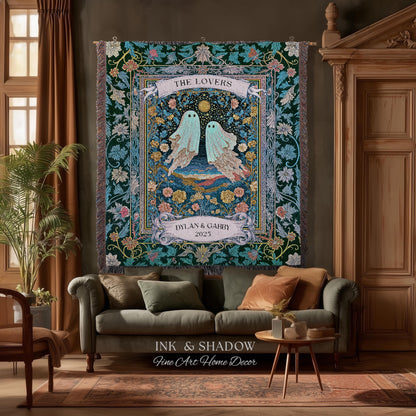 Woven Ghost Lovers Couple Wall Tapestry | Moonlit Wildflower Gothic Wedding Anniversary Gift Tarot Inspired Personalized Names And Year