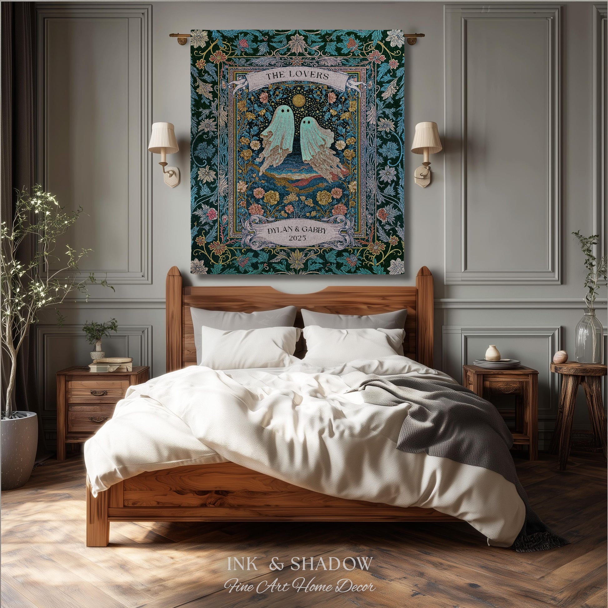 Woven Ghost Lovers Couple Wall Tapestry | Moonlit Wildflower Gothic Wedding Anniversary Gift Tarot Inspired Personalized Names And Year