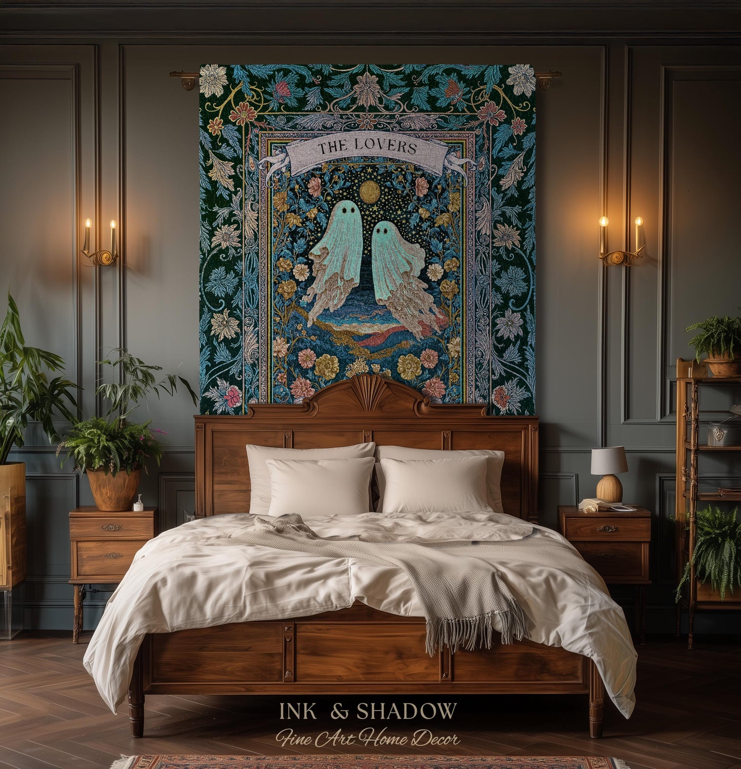 Woven Ghost Lovers Couple Wall Tapestry | Moonlit Wildflower Gothic Wedding Anniversary Gift Tarot Inspired Personalized Names And Year