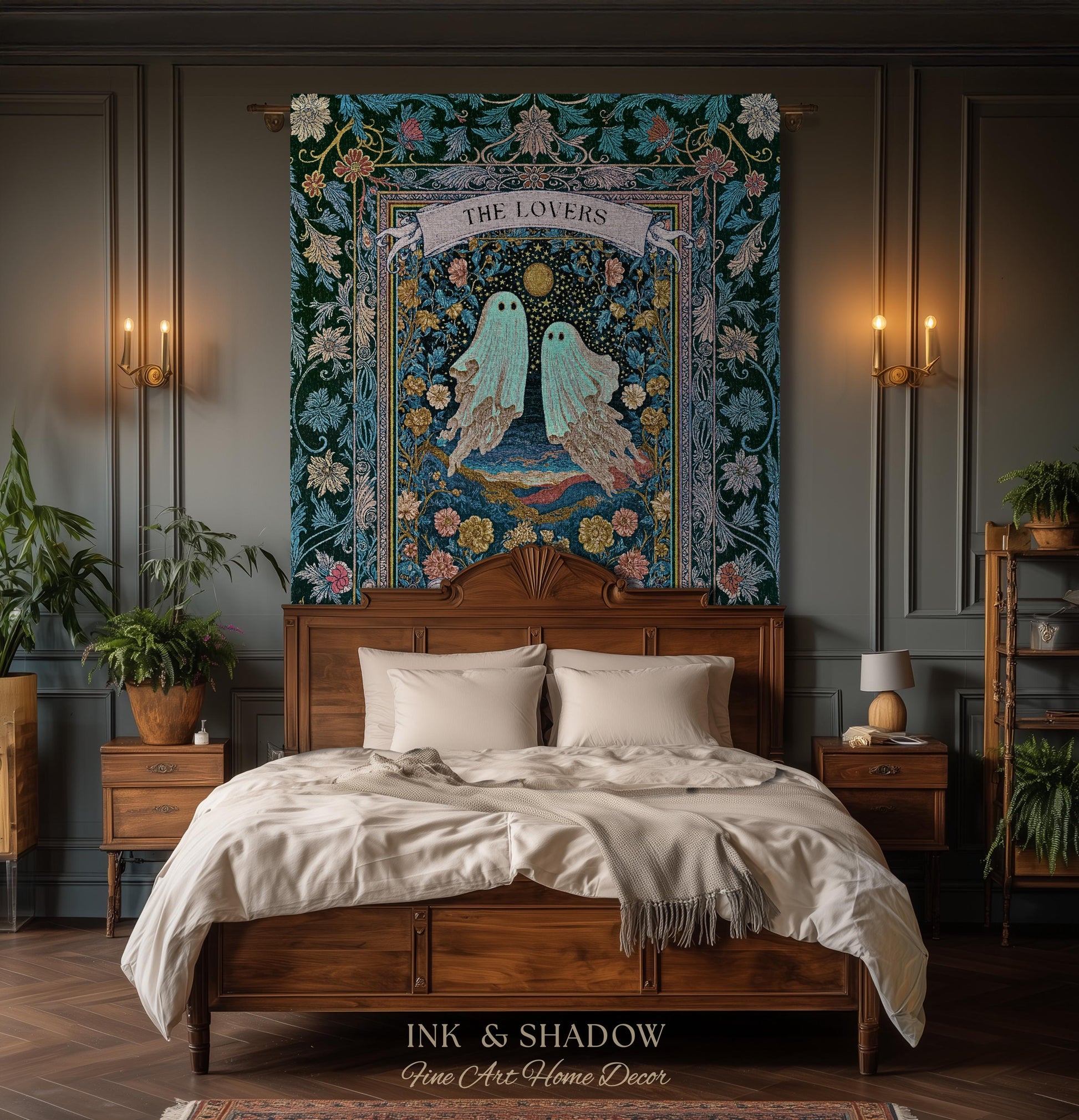 Woven Ghost Lovers Couple Wall Tapestry | Moonlit Wildflower Gothic Wedding Anniversary Gift Tarot Inspired Personalized Names And Year