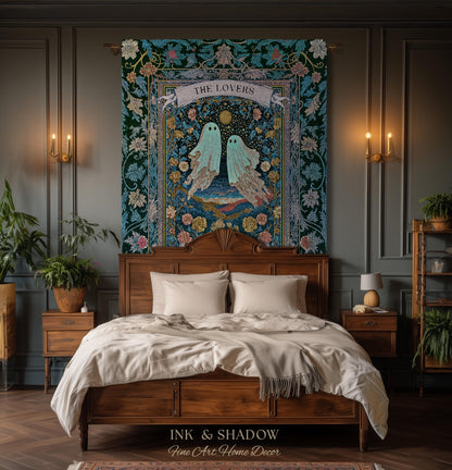 Woven Ghost Lovers Couple Wall Tapestry | Moonlit Wildflower Gothic Wedding Anniversary Gift Tarot Inspired Personalized Names And Year