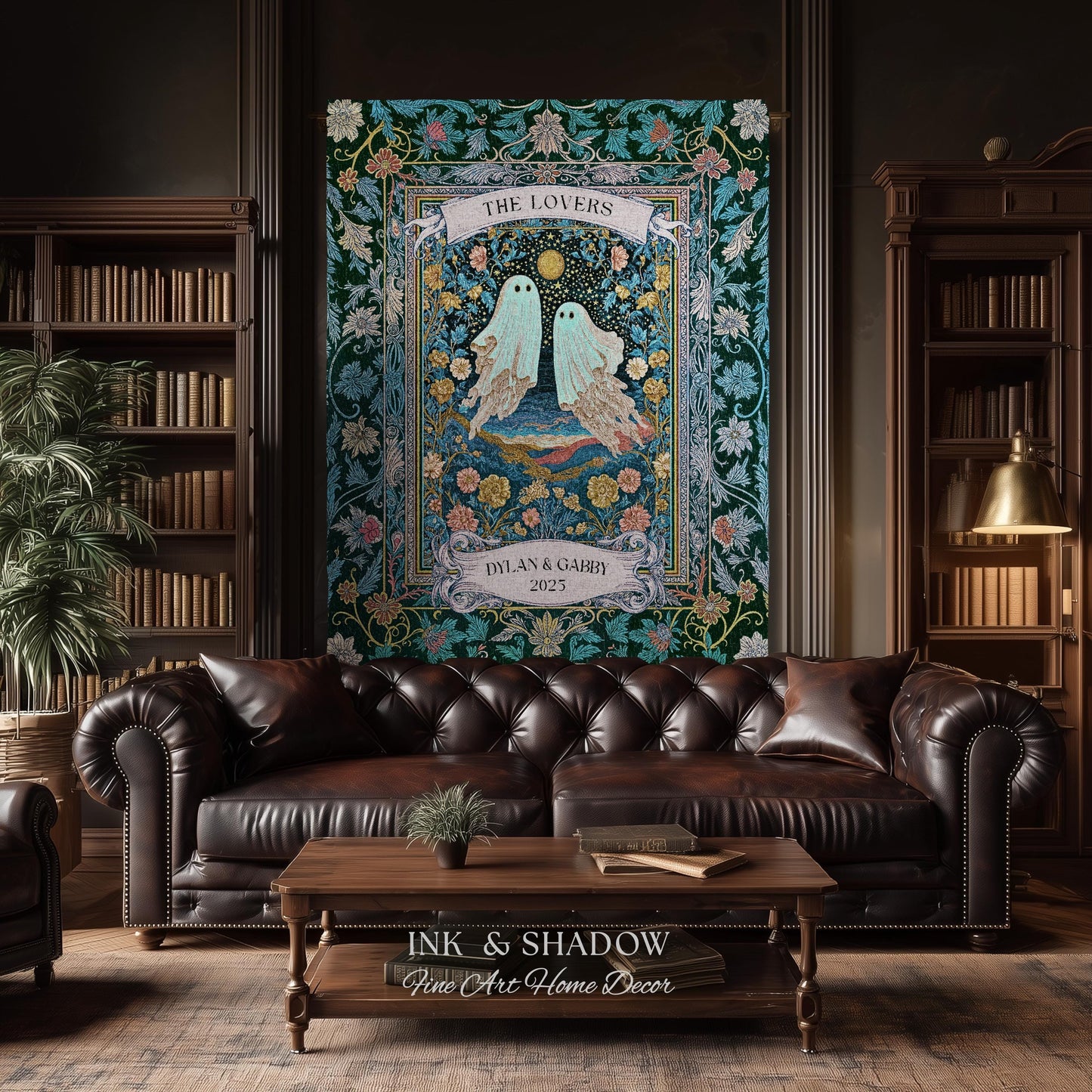 Woven Ghost Lovers Couple Wall Tapestry | Moonlit Wildflower Gothic Wedding Anniversary Gift Tarot Inspired Personalized Names And Year