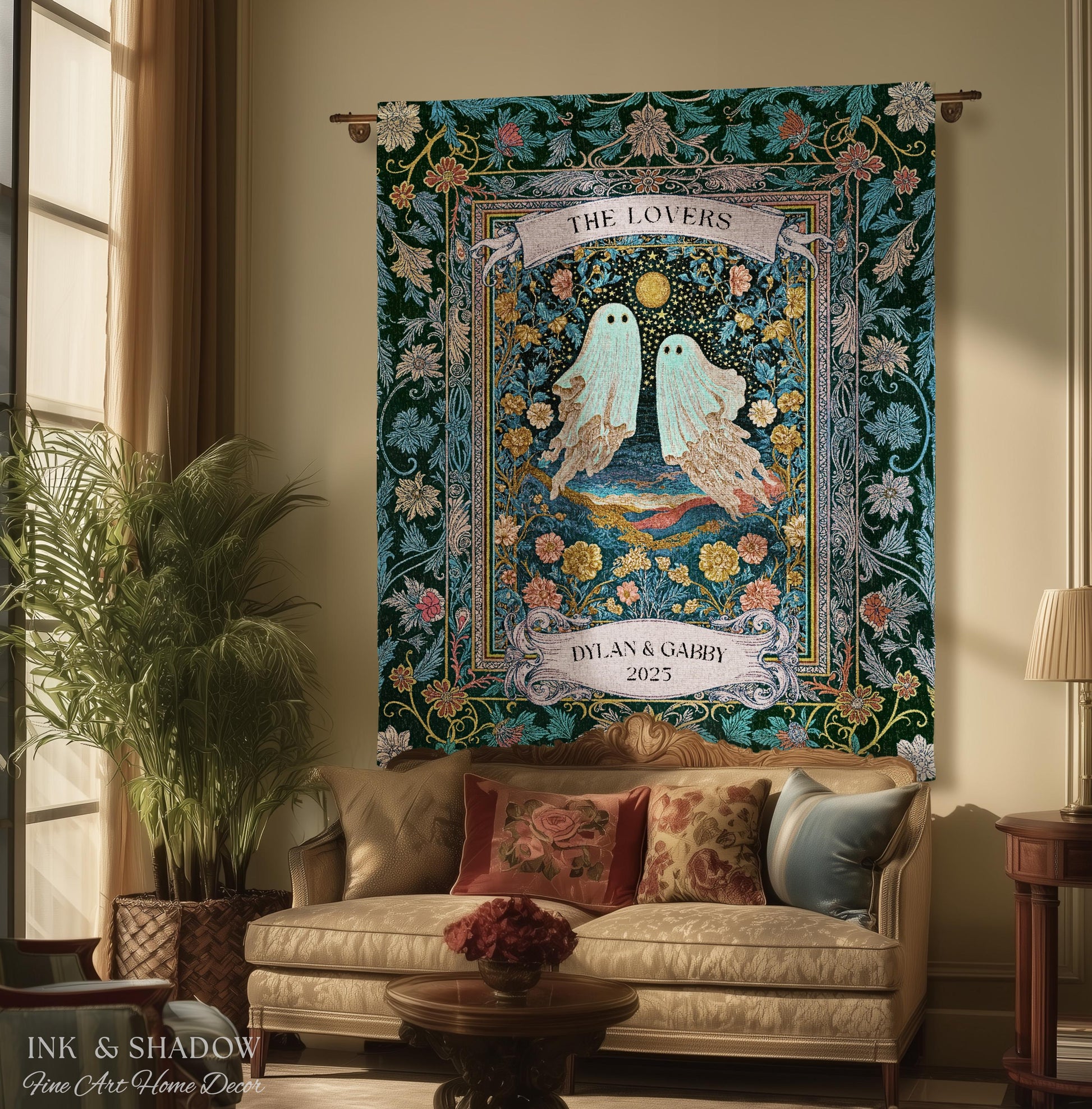 Woven Ghost Lovers Couple Wall Tapestry | Moonlit Wildflower Gothic Wedding Anniversary Gift Tarot Inspired Personalized Names And Year
