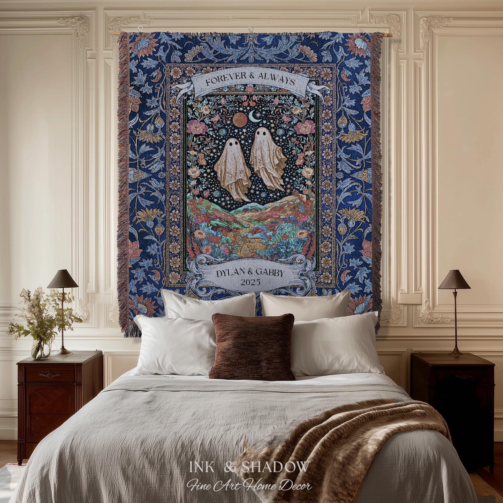 Starry Floral Ghost Couple Woven Tapestry | Celestial Gothic Romance Tapestry Home Decor Custom Names And Year Cotton Anniversary Blanket |
