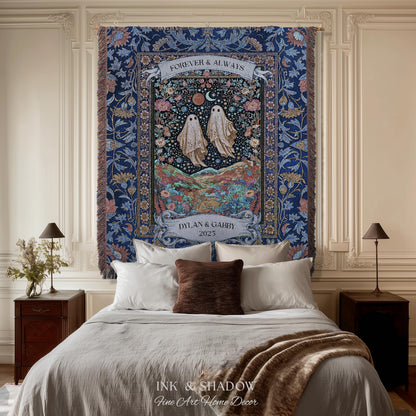 Starry Floral Ghost Couple Woven Tapestry | Celestial Gothic Romance Tapestry Home Decor Custom Names And Year Cotton Anniversary Blanket |