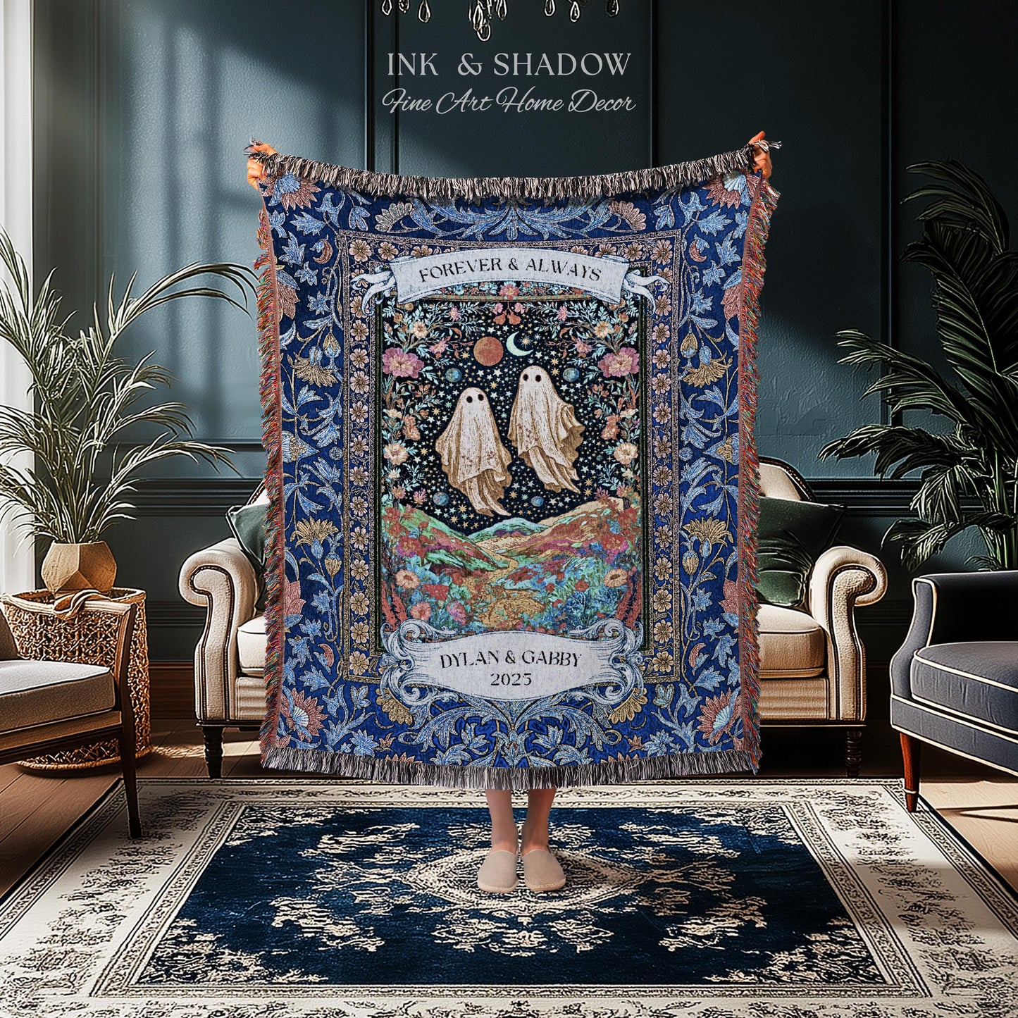 Starry Floral Ghost Couple Woven Tapestry | Celestial Gothic Romance Tapestry Home Decor Custom Names And Year Cotton Anniversary Blanket |