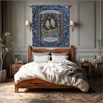 Starry Floral Ghost Couple Woven Tapestry | Celestial Gothic Romance Tapestry Home Decor Custom Names And Year Cotton Anniversary Blanket |