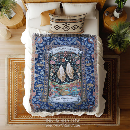 Starry Floral Ghost Couple Woven Tapestry | Celestial Gothic Romance Tapestry Home Decor Custom Names And Year Cotton Anniversary Blanket |