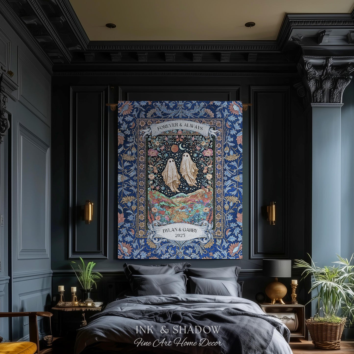 Starry Floral Ghost Couple Woven Tapestry | Celestial Gothic Romance Tapestry Home Decor Custom Names And Year Cotton Anniversary Blanket |