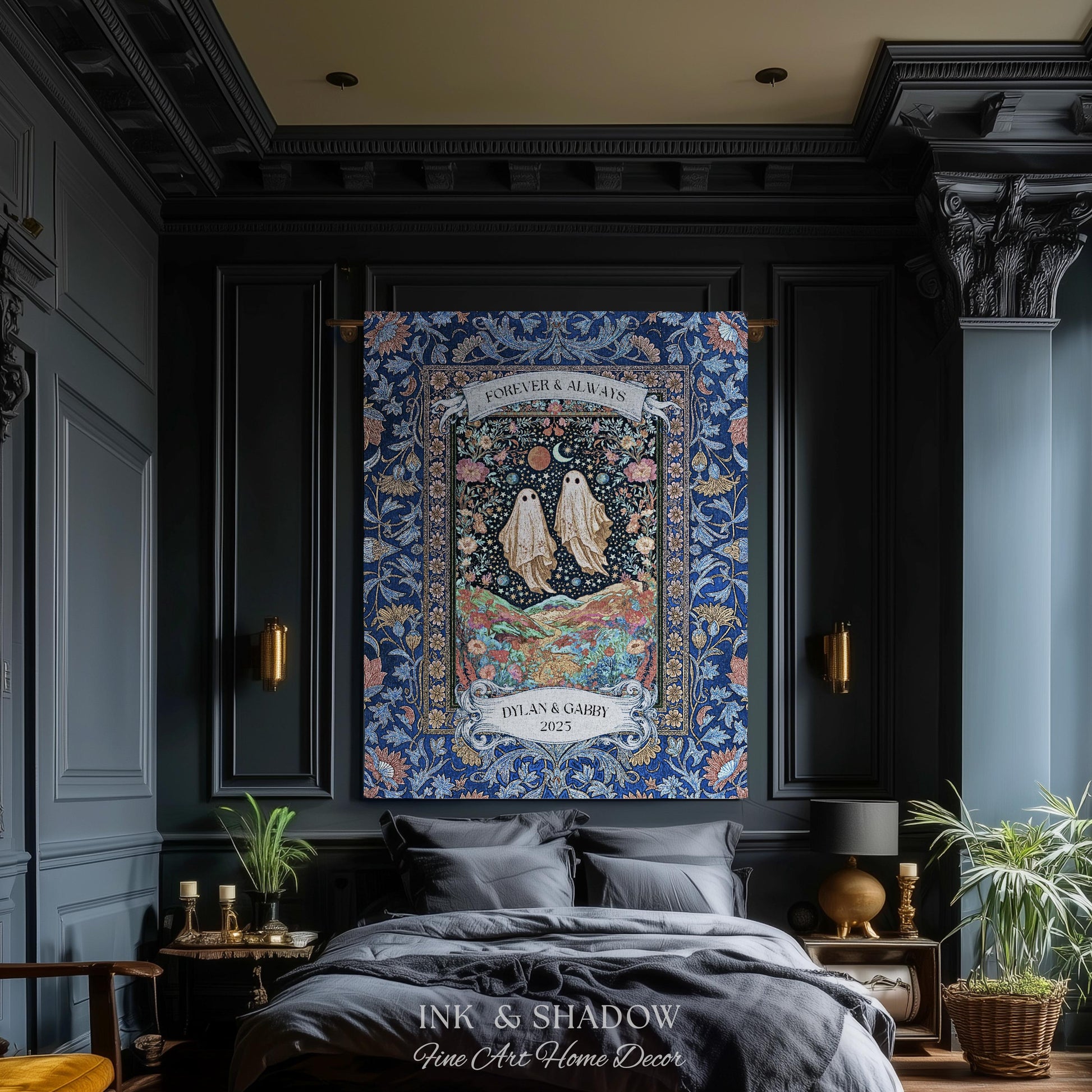 Starry Floral Ghost Couple Woven Tapestry | Celestial Gothic Romance Tapestry Home Decor Custom Names And Year Cotton Anniversary Blanket |