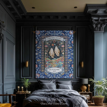Starry Floral Ghost Couple Woven Tapestry | Celestial Gothic Romance Tapestry Home Decor Custom Names And Year Cotton Anniversary Blanket |