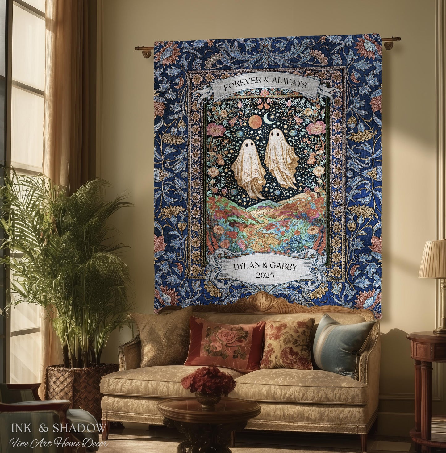 Starry Floral Ghost Couple Woven Tapestry | Celestial Gothic Romance Tapestry Home Decor Custom Names And Year Cotton Anniversary Blanket |