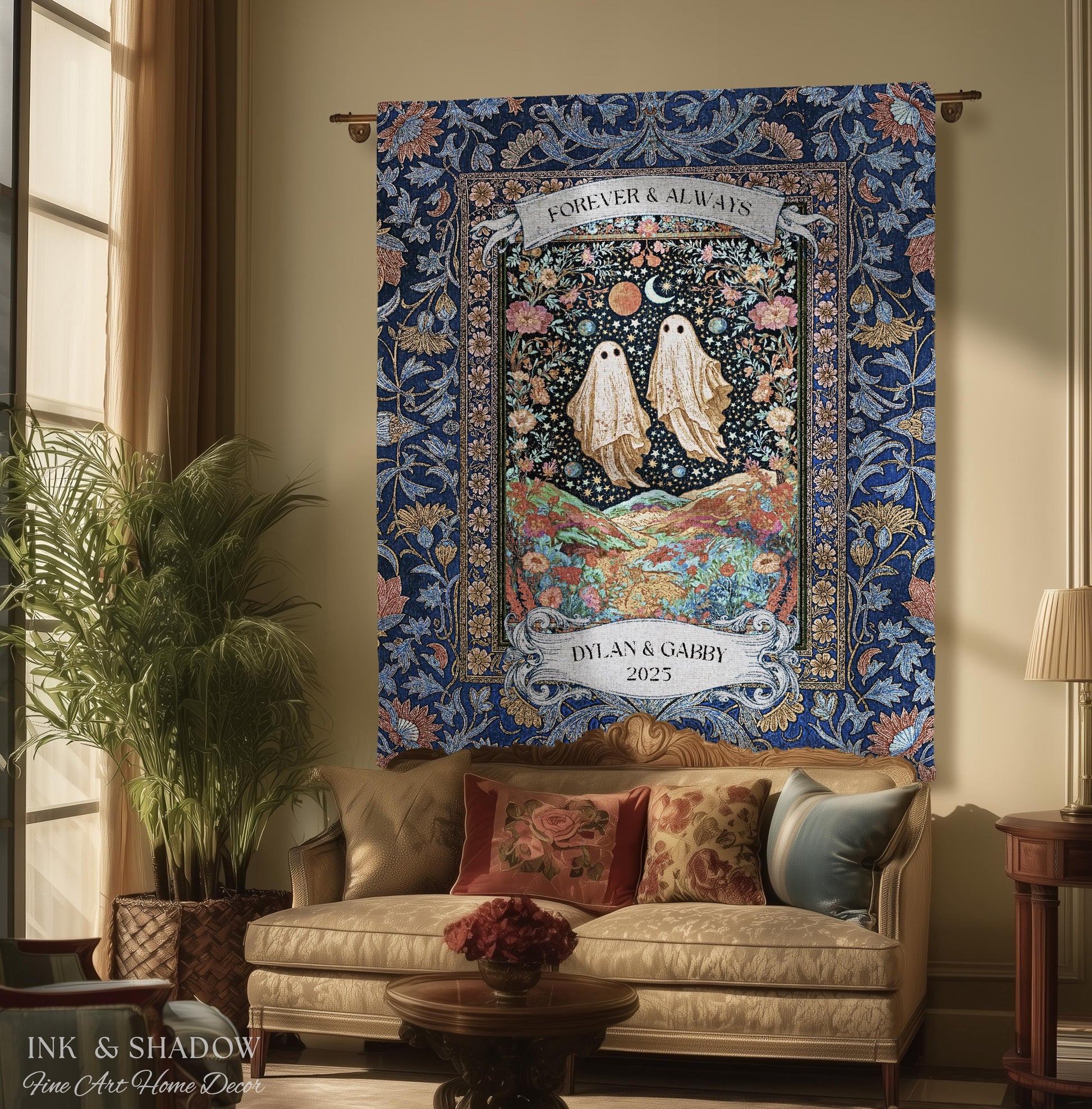 Starry Floral Ghost Couple Woven Tapestry | Celestial Gothic Romance Tapestry Home Decor Custom Names And Year Cotton Anniversary Blanket |