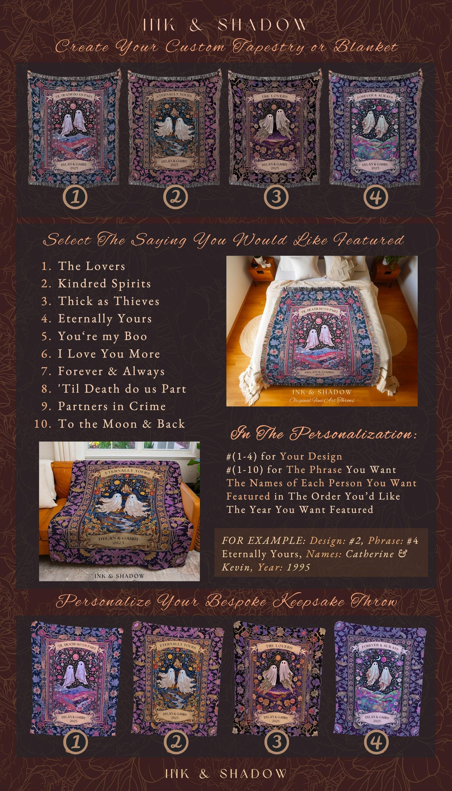 Purple Floral Ghost Couple Woven Wall Art | Haunted Castle Custom Names Throw Blanket Gothic Cotton Anniversary Gift Celestial Tapestry