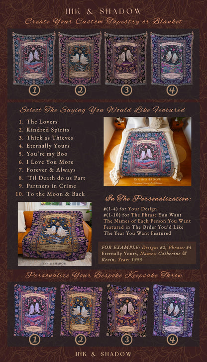 Tarot Ghost Couple Woven Wall Tapestry | The Lovers Custom Names And Year Purple Floral Gothic Cotton Wedding Anniversary Gift Throw Blanket