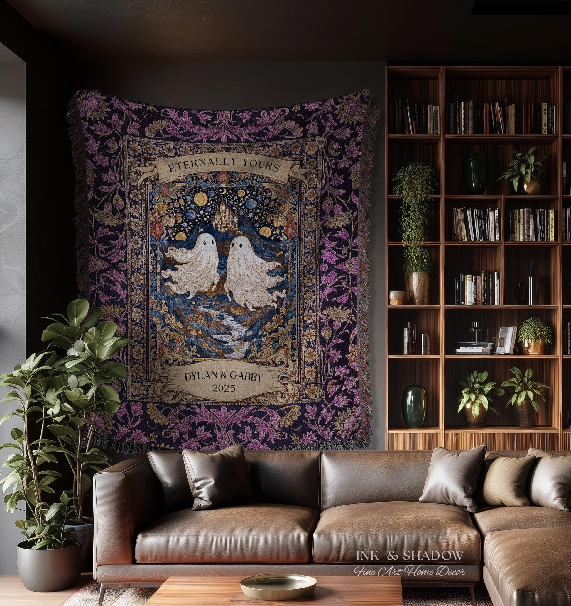 Purple Floral Ghost Couple Woven Wall Art | Haunted Castle Custom Names Throw Blanket Gothic Cotton Anniversary Gift Celestial Tapestry