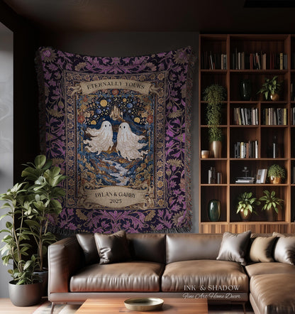 Purple Floral Ghost Couple Woven Wall Art | Haunted Castle Custom Names Throw Blanket Gothic Cotton Anniversary Gift Celestial Tapestry