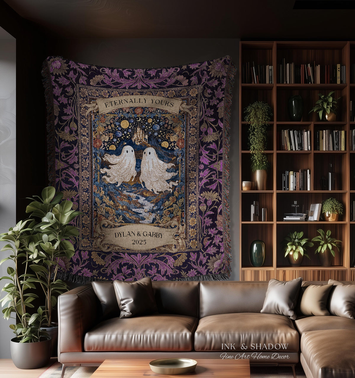 Purple Floral Ghost Couple Woven Wall Art | Haunted Castle Custom Names Throw Blanket Gothic Cotton Anniversary Gift Celestial Tapestry