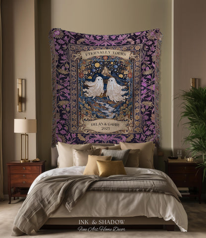 Purple Floral Ghost Couple Woven Wall Art | Haunted Castle Custom Names Throw Blanket Gothic Cotton Anniversary Gift Celestial Tapestry