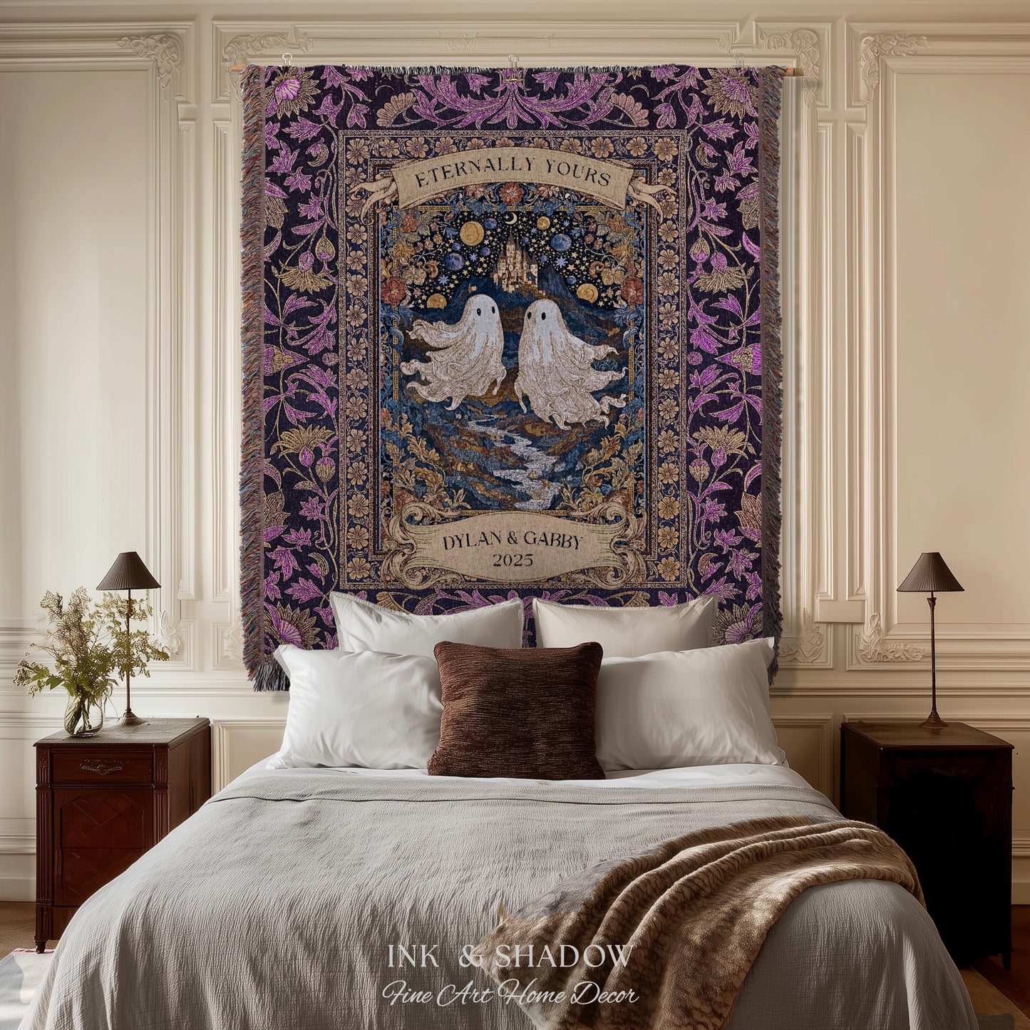 Purple Floral Ghost Couple Woven Wall Art | Haunted Castle Custom Names Throw Blanket Gothic Cotton Anniversary Gift Celestial Tapestry