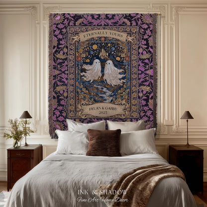 Purple Floral Ghost Couple Woven Wall Art | Haunted Castle Custom Names Throw Blanket Gothic Cotton Anniversary Gift Celestial Tapestry