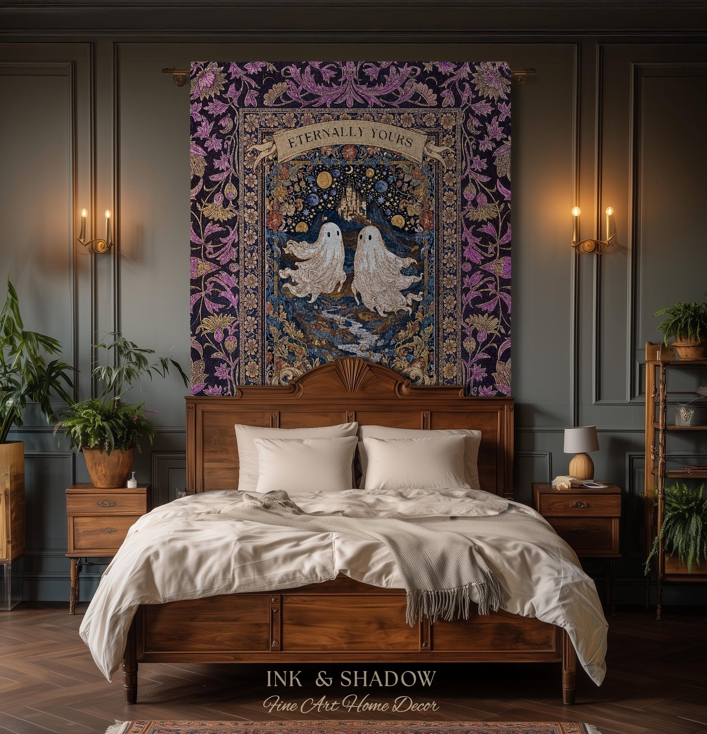 Purple Floral Ghost Couple Woven Wall Art | Haunted Castle Custom Names Throw Blanket Gothic Cotton Anniversary Gift Celestial Tapestry