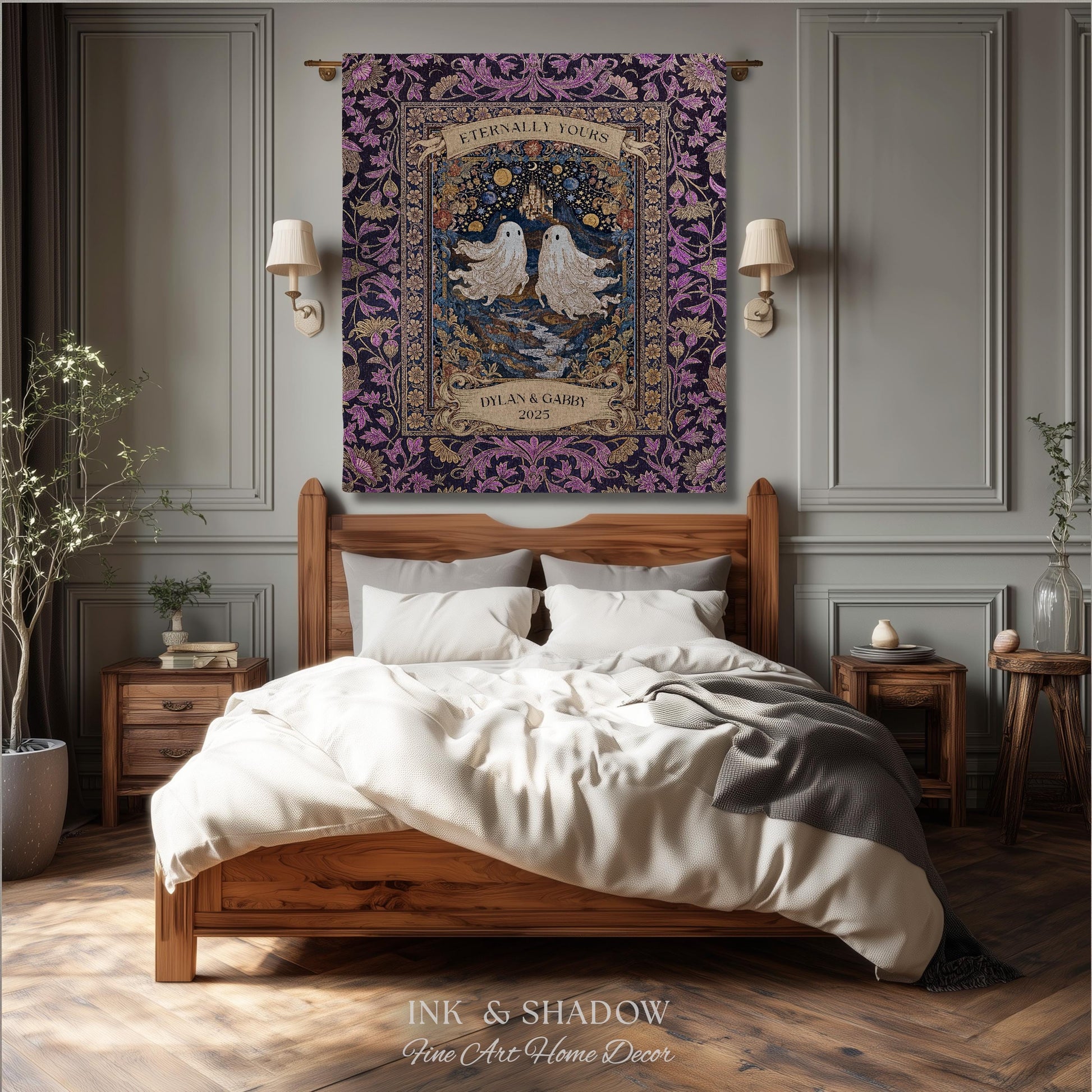 Purple Floral Ghost Couple Woven Wall Art | Haunted Castle Custom Names Throw Blanket Gothic Cotton Anniversary Gift Celestial Tapestry