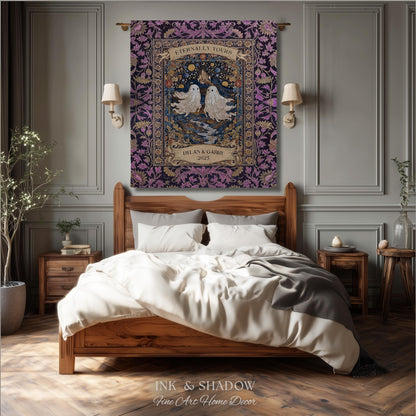 Purple Floral Ghost Couple Woven Wall Art | Haunted Castle Custom Names Throw Blanket Gothic Cotton Anniversary Gift Celestial Tapestry