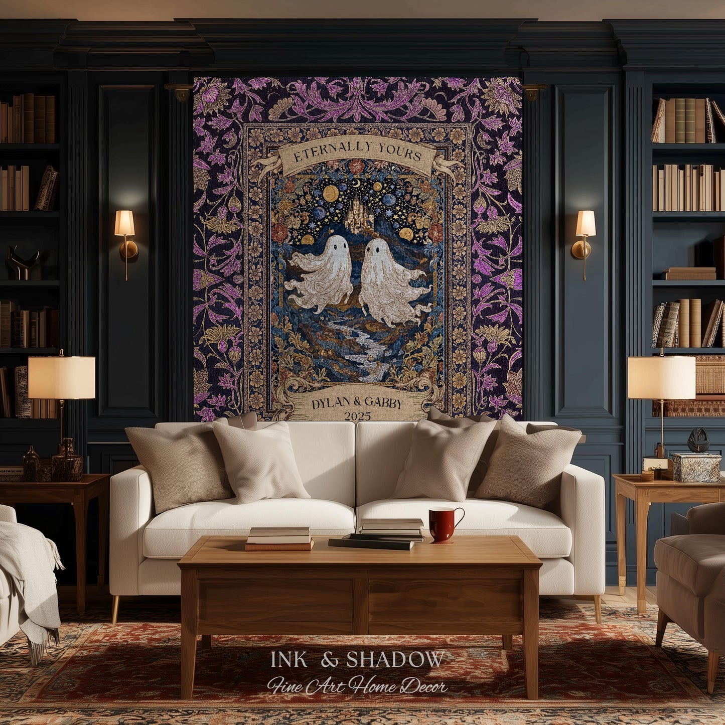 Purple Floral Ghost Couple Woven Wall Art | Haunted Castle Custom Names Throw Blanket Gothic Cotton Anniversary Gift Celestial Tapestry
