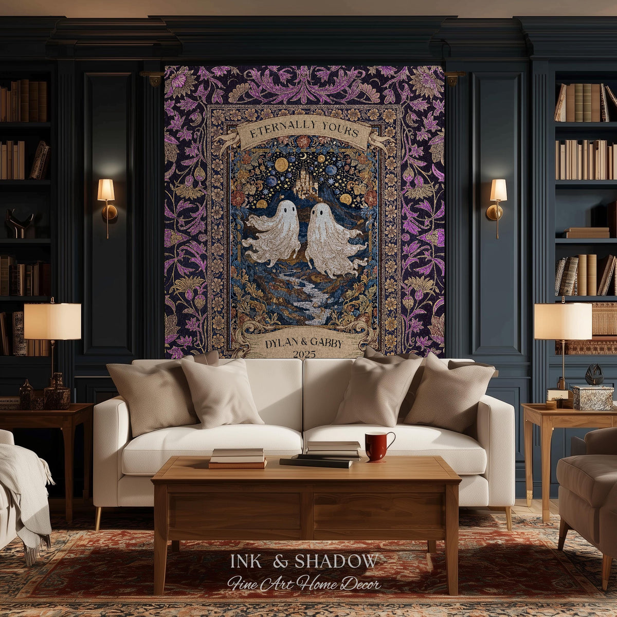 Purple Floral Ghost Couple Woven Wall Art | Haunted Castle Custom Names Throw Blanket Gothic Cotton Anniversary Gift Celestial Tapestry