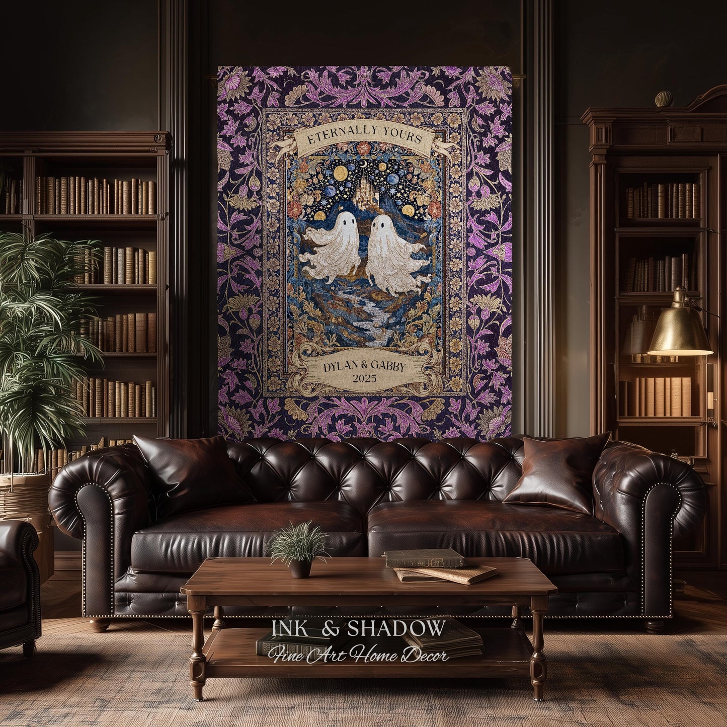Purple Floral Ghost Couple Woven Wall Art | Haunted Castle Custom Names Throw Blanket Gothic Cotton Anniversary Gift Celestial Tapestry