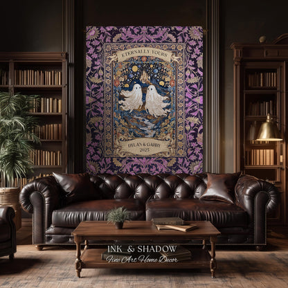 Purple Floral Ghost Couple Woven Wall Art | Haunted Castle Custom Names Throw Blanket Gothic Cotton Anniversary Gift Celestial Tapestry