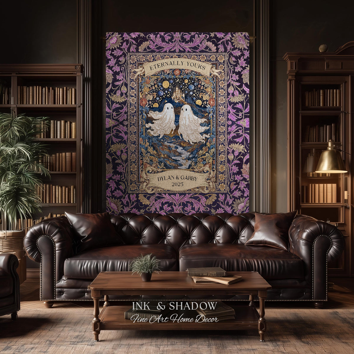 Purple Floral Ghost Couple Woven Wall Art | Haunted Castle Custom Names Throw Blanket Gothic Cotton Anniversary Gift Celestial Tapestry
