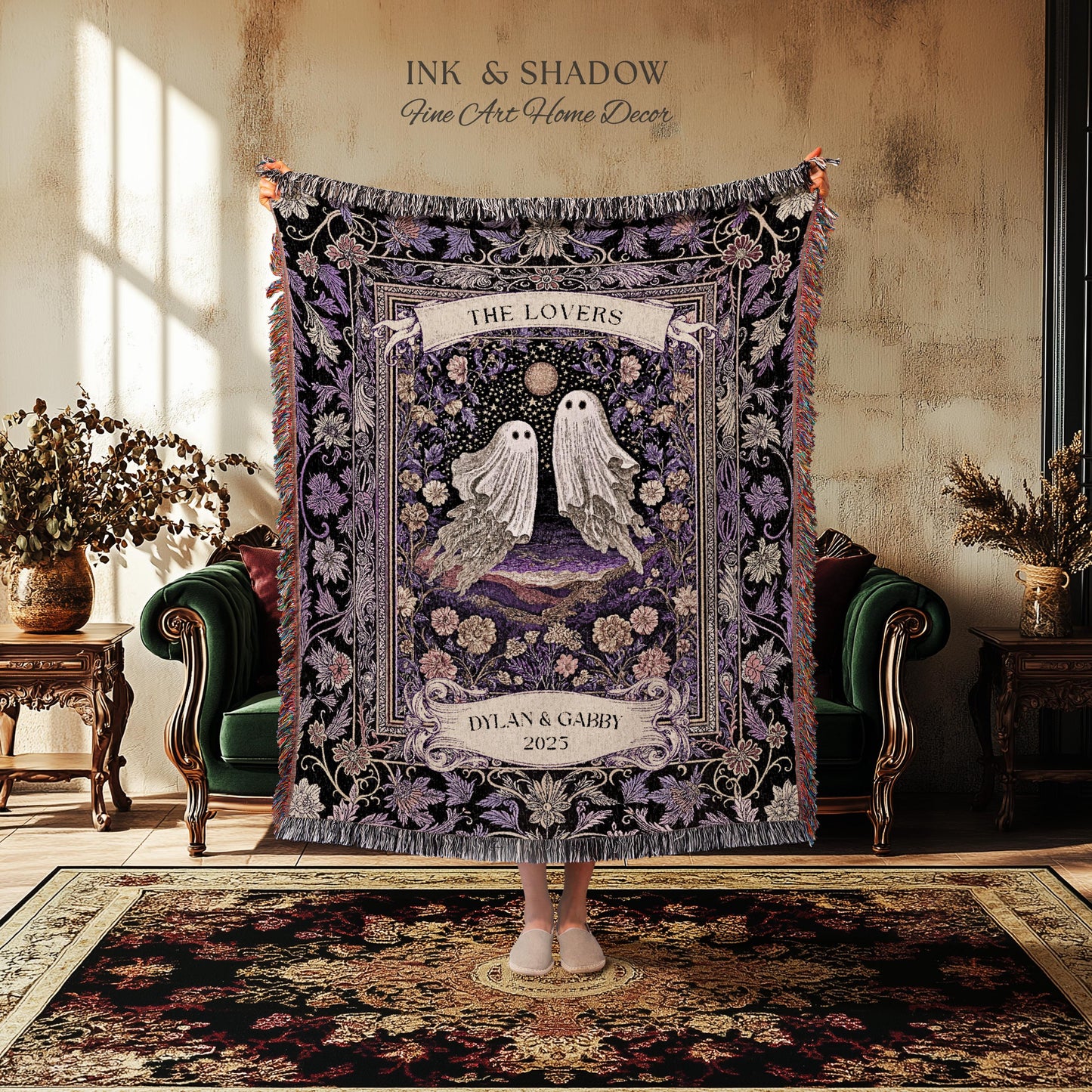 Tarot Ghost Couple Woven Wall Tapestry | The Lovers Custom Names And Year Purple Floral Gothic Cotton Wedding Anniversary Gift Throw Blanket