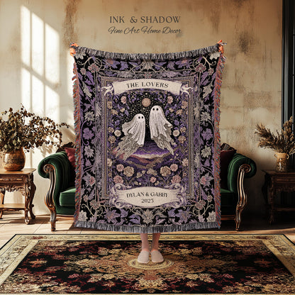 Tarot Ghost Couple Woven Wall Tapestry | The Lovers Custom Names And Year Purple Floral Gothic Cotton Wedding Anniversary Gift Throw Blanket