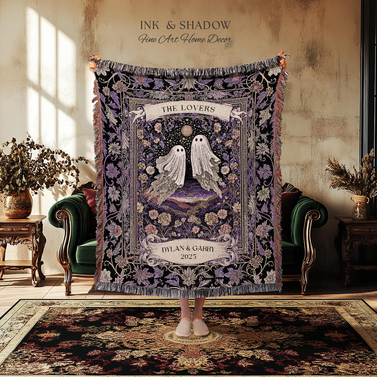 Tarot Ghost Couple Woven Wall Tapestry | The Lovers Custom Names And Year Purple Floral Gothic Cotton Wedding Anniversary Gift Throw Blanket